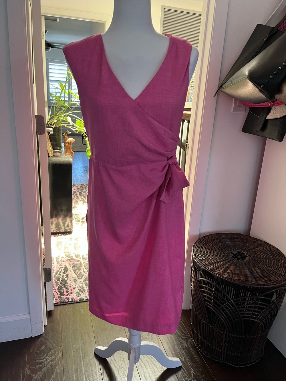 Ann Taylor Sleeveless Wrap Midi Dress in Bright Pink